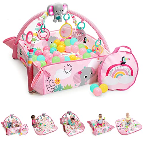 Bright Starts, Gimnasio de Actividades evolutivo 5-en-1 Rainbow Tropics rosa, incluye 40 bolas y maletín arcoíris, 7 juguetes, almohadilla para bebés, desarrollo de las habilidades motoras