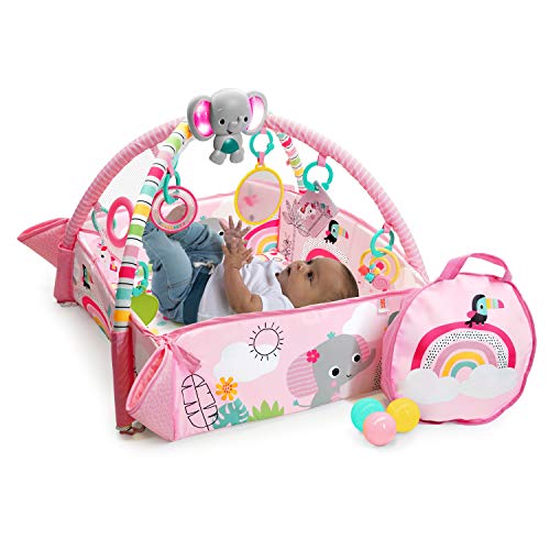 Bright Starts, Gimnasio de Actividades evolutivo 5-en-1 Rainbow Tropics rosa, incluye 40 bolas y maletín arcoíris, 7 juguetes, almohadilla para bebés, desarrollo de las habilidades motoras