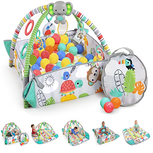 Bright Starts, Gimnasio de Actividades evolutivo 5-en-1 Totally Tropical, incluye 40 bolas y su maletín, 7 juguetes, almohadilla para bebés, desarrollo de las habilidades motoras