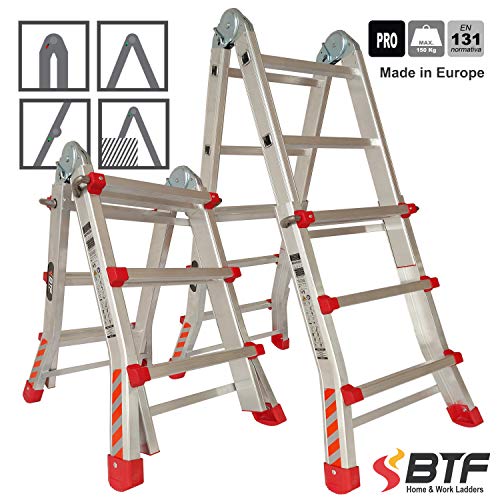 BTF Escalera Articulada Telescópica Plegable 3+2 en 2 Tramos Profesional de Aluminio. Escada Articulada Telescópica Dobrável de Alumínio (Hasta 10 Peldaños/Até 10 degraus). BTF-TS33