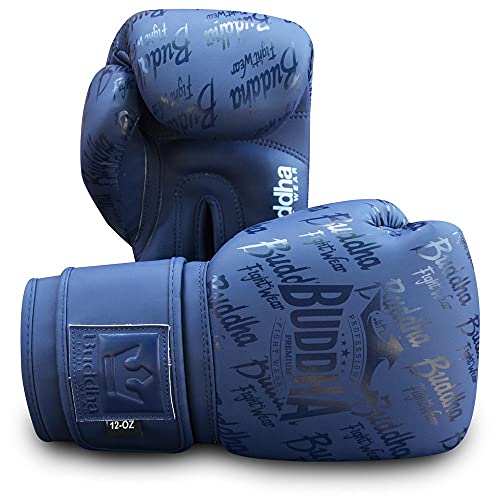 Buddha Fight Wear. Guantes de Entrenamiento y Combate, Special Edition, Fabricados a Mano , Boxeo, Muay Thai, Kick Boxing y MMA Modelo Top Premium Azul Navy Mate 14 Onzas