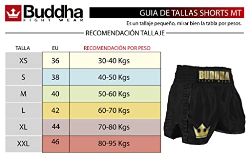 Buddha Fight Wear. Short Retro Premium Negro. Especialmente diseñado para el Kick Boxing, Muay Thai, K1 o Cualquier modalidad de Deportes de Contacto. Talla M (50 a 60 Kgs)
