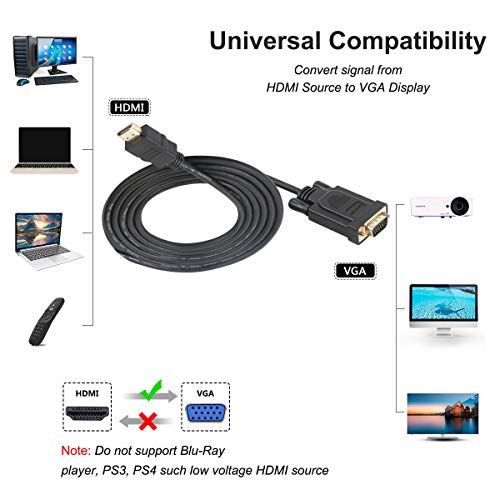 Cable HDMI a VGA, BENFEI Chapado en Oro Macho a Macho para Ordenador, portátil, PC, Monitor, proyector, HDTV, Chromebook, Raspberry Pi, Roku, Xbox y más, Negro 1,8 m