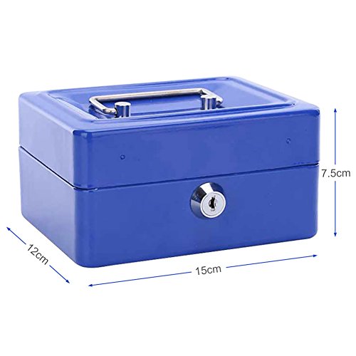 Caja fuerte portátil Cajas de caudales Caja de dinero pequeña con cerradura de llave, caja de seguridad portátil de almacenamiento de monedas de metal de doble capa(Azul)