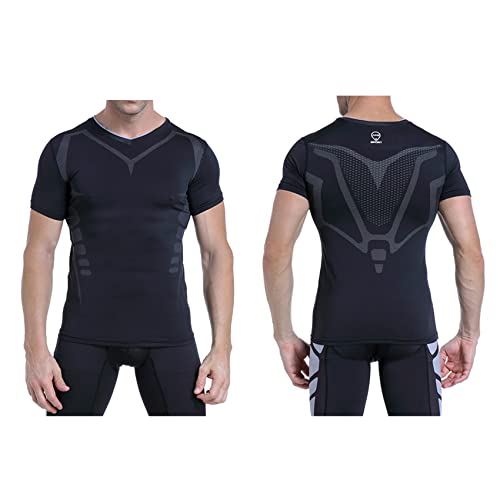 Camiseta de compresión para hombre Amzsport, manga corta, color Negro , tamaño XL