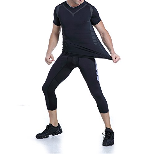 Camiseta de compresión para hombre Amzsport, manga corta, color Negro , tamaño XL
