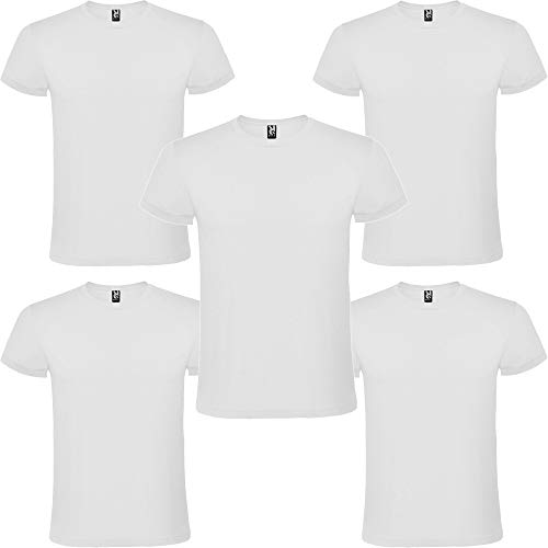 Camiseta Hombre Manga Corta | Pack 5 | Algodón | Cuello Redondo (Blanco, L)