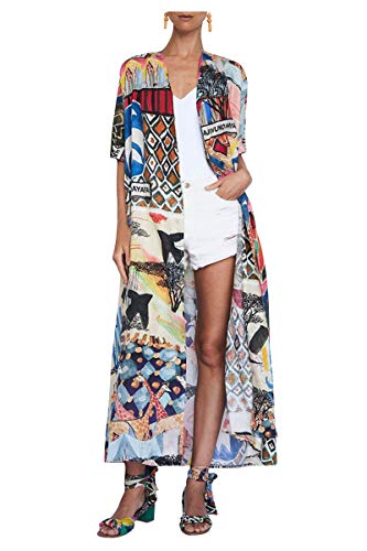 Cardigan Largo Mujer Estampado Flores Chaqueta Vestido de Playa Bohemio Hippie Kimono Manga Corta Camisolas y Pareos Indios Tunica Piscina Caftan Africano Kaftan Etnico Traje de Baño Bikini Cover Up