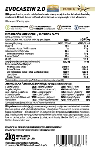 Caseína Micelar de HSN Evocasein 2.0 | Vainilla 2 Kg = 67 Tomas por Envase | Proteína Lenta Digestión para Antes de Dormir | Recuperador Muscular Nocturno | No-GMO, Vegetariana, Sin Gluten