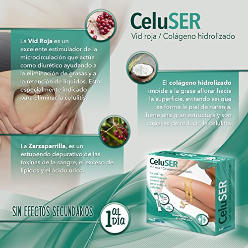 Celuser - 16 sticks - Anticelulítico - Elimina la celulitis, las estrías y la grasa localizada - Adelgazante con Vid Roja y Colágeno Hidrolizado - Caja 16 sobres - 1 al dia