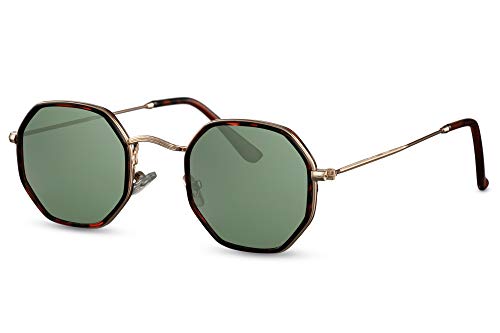 Cheapass Sunglasses - Gafas de sol pequeñas con marco de Metálicas dorado octogonal con estampado de leopardo alrededor de las lentes verdes con protección UV400 para hombre y mujer