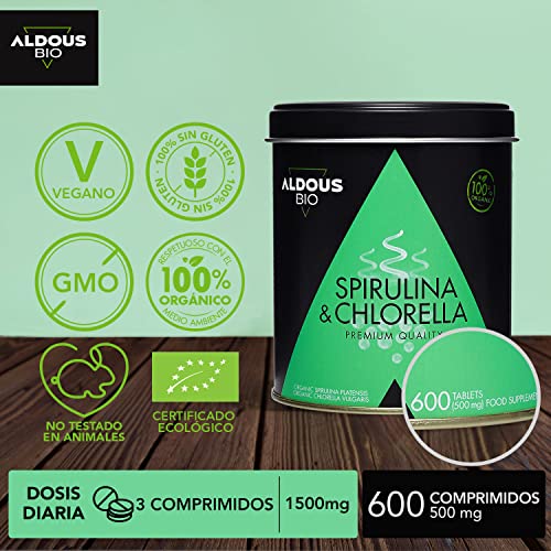 Chlorella y Espirulina Ecológica Premium para 6 meses | 600 comprimidos de 500mg | Vegano - Saciante - DETOX - Proteína Vegana - Sin Aditivos | Certificación Ecológica Oficial