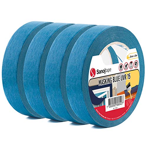 Cinta de Pintor Profesional de Color Azul de Sanojtape (Paquete de 4) de 25mm x 50m Resistente a Los Rayos UV Hasta 14 días al Aire Libre Cinta Adhesiva Interiores y Exteriores