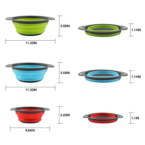 Colador de cocina plegable 3PCS Set Cocina Plegable Colador de Silicona 2 Tamaños Colador Plegable (Verde, Rojo, Azul)
