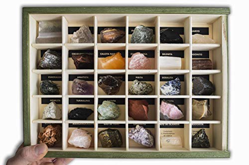 Colección de 30 Minerales del Mundo Premium en Caja de Madera Natural - Minerales Reales educativos de Gran tamaño con Hoja de descripción. Kit Geología para niños
