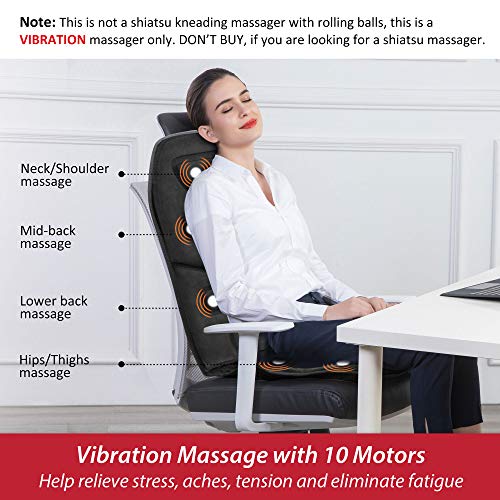 COMFIER Cojín de asiento de masaje con calor - 10 motores de vibración, 3 almohadillas térmicas, masajeador de respaldo de silla, para aliviar el dolor, regalos ideales
