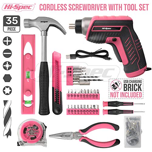 Conjunto de herramientas para bricolaje casero de 35 piezas a rosado con un destornillador eléctrico recargable por puerto USB. Herramientas manuales y un conjunto de accesorios de 40 piezas