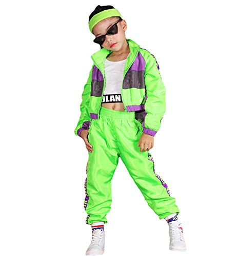 Conjunto de Ropa de Hip Hop para niñas de 3 Piezas, Traje de Baile Callejero para niños, Chaleco Recortado, Chaqueta Verde Fluorescente y Pantalones de chándal (Verde, 11-12 años)