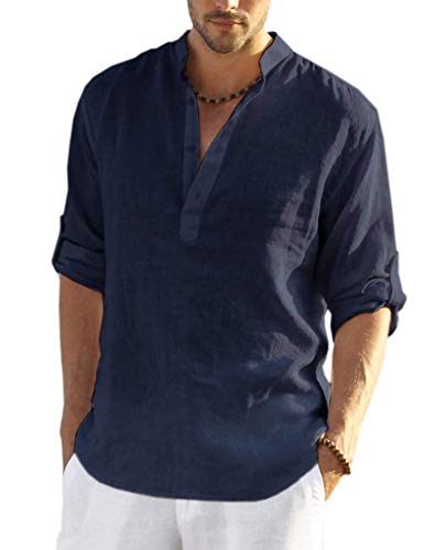 COOFANDY Camiseta de manga larga para hombre, algodón y lino, estilo hippie, azul oscuro, XXL