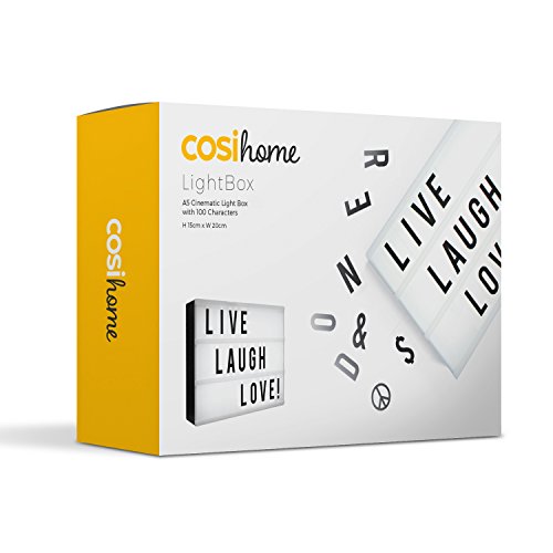 Cosi Home Caja de luz A5 con 100 Letras y Símbolos, Conexión USB o Pilas. Cartel Luminoso LED para Mensajes Personalizados, Decoración de Habitación, Regalo Original
