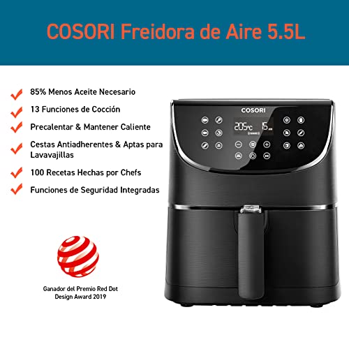COSORI Freidora sin Aceite 5,5 L, freidora aire caliente con 100 recetas en español, 11 programas, pantalla LED táctil, cesta antiadherente, temporizador, 1700W