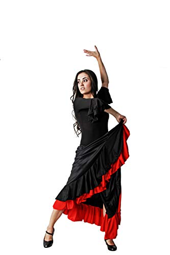 Costumizate! Falda Doble Volante Negro con Rojo/Falda de ensayo con Doble Volante Negra y roja para Mujer Adulta Talla L