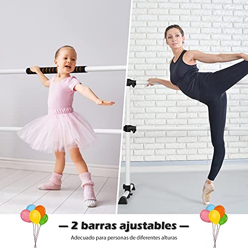 COSTWAY Barra de Ballet Independiente Móvil Altura Regulable Barra de Estiramiento Desmontable Barra de Ballet de Hierro Carga hasta 50 kg (Blanco Plateado)