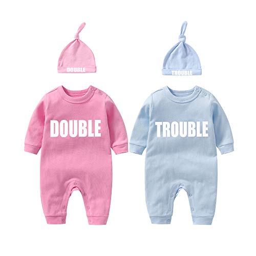 culbutomind Twins Baby Bodysuits Double Trouble Lindo Traje con sombrero Baby Pijamas New Born Girl Ropa Gemelos Regalo, Multicolor Bt, 6 mes