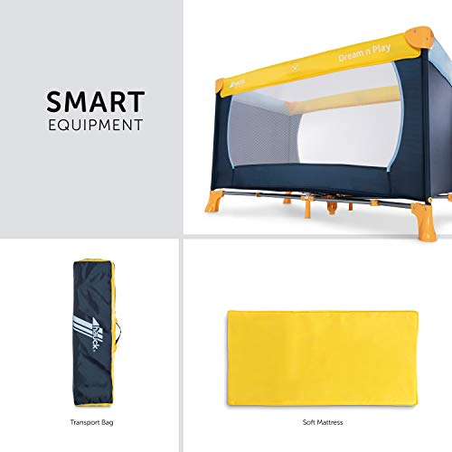 Cuna de viaje Hauck Dream N Play / incluye colchón y bolsa / 120 x 60 cm / desde el nacimiento / portátil y plegable, azul marino amarillo (azul, amarillo)