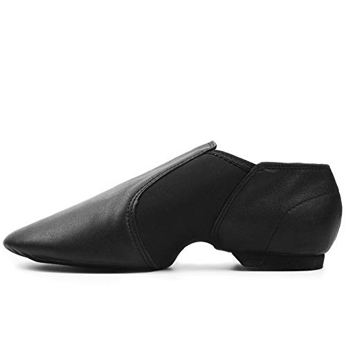 DANCEYOU Zapatos de Jazz de Cuero Negro con Poco Tacón Zapatillas de Danza con Suela Partida y Cinturón de Empalme Elasticidad para Niños y Adultos EU39