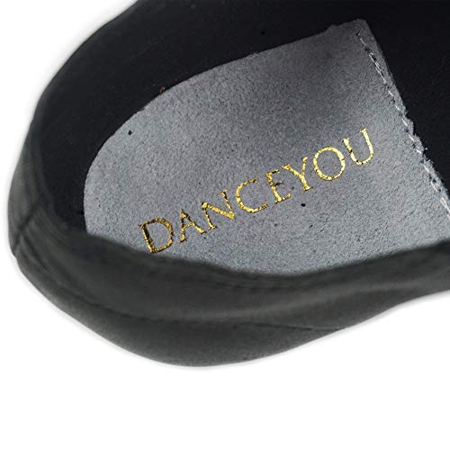 DANCEYOU Zapatos de Jazz de Cuero Negro con Poco Tacón Zapatillas de Danza con Suela Partida y Cinturón de Empalme Elasticidad para Niños y Adultos EU39