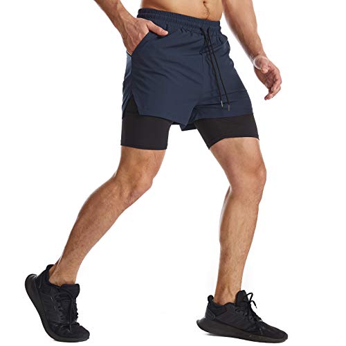 Danfiki Pantalones cortos para hombre con bolsillo para teléfono, 2 en 1, de secado rápido y ligero, azul marino, 46