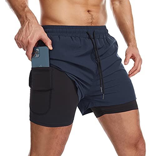 Danfiki Pantalones cortos para hombre con bolsillo para teléfono, 2 en 1, de secado rápido y ligero, azul marino, 46