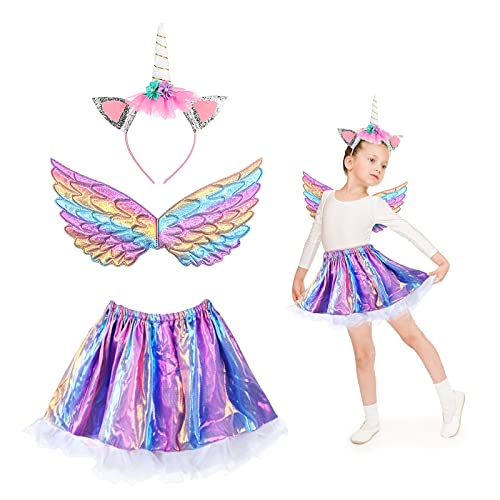 Disfraz de Unicornio para niñas de 3 Piezas MEZZOM Falda Unicornio para niñas con Diadema de Unicornio Vestido de tutú Falda de alas de Arco Iris para Fiestas de cumpleaños（Macaron）
