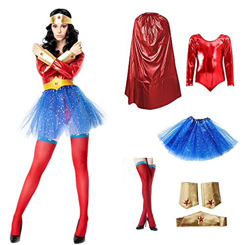 Disfraz Superhéroe Poder Niña Mujer, Conjunto Falda Tutú con Estrella, Maillot Body, Capa, Pulseras, Tocado y Medias (Pack rojo superwoman, M)