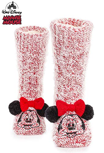 Disney Calcetines Antideslizantes Invierno Mujer Con Personajes Disney, Zapatillas de Punto Interior Forro Polar Para Estar Por Casa, Regalos Mujer (Rojo)