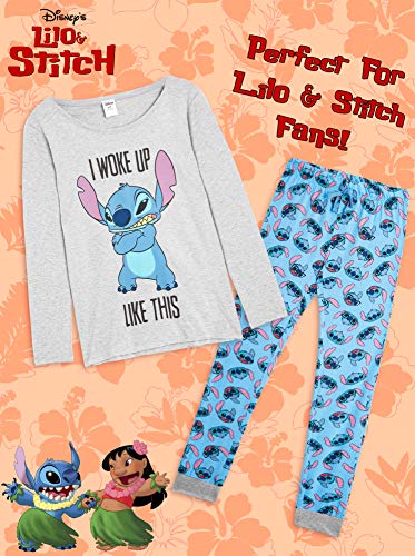 Disney Pijama Mujer Invierno Manga Larga de Stitch (S, Azul/Gris)