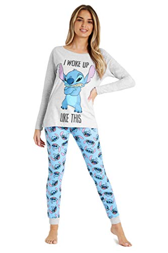 Disney Pijama Mujer Invierno Manga Larga de Stitch (S, Azul/Gris)