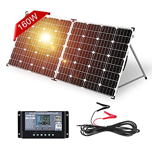DOKIO Panel solar plegable de 160 W y 18 V con regulador de carga solar PWM (2 puertos USB) para batería de 12 V, incluye bolsa de transporte, camping, adecuado para caravanas, barcos