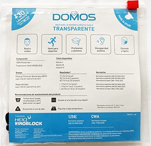 Domos Mascarilla Transparente Reutilizable Homologada. Color BLANCO. Ideal para la DESESCALADA. Certificaciones UNE0065(ES) y CWA17553(CE). Fabricada en España (Talla M adulto)