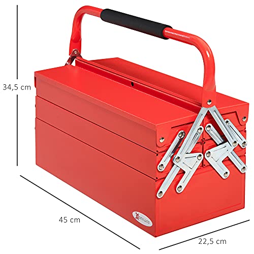 DURHAND Caja de Herramientas de Acero Plegable con 5 Compartimentos Maletín de Herramientas con Mango para Taller Hogar 45x22,5x34,5 cm Rojo