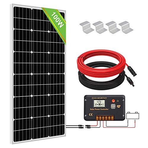 ECO-WORTHY 100W 12 Kit Panel Solar: 1pc Panel Solar 100W + Regolatore 30A + Cavi Solar para Autocaravan/Barche