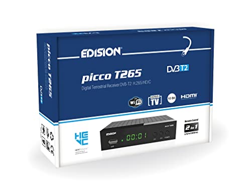 EDISION Picco T265 Full HD TDT H265 HEVC Receptor FTA T2, 1 x DVB-T2, USB, HDMI, SCART, S/PDIF, IR Ojo, USB WiFi Support, 2 en 1, Color Negro Sin HDMI Negro