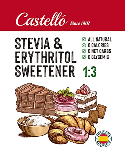 Edulcorante Stevia + Eritritol 1:3 - Granulado - Sustituto del Azúcar 100% natural - Hecho en España - Keto y Paleo - Castello since 1907 (1g = 3g de Azúcar (1:3), Bote 1 kg)