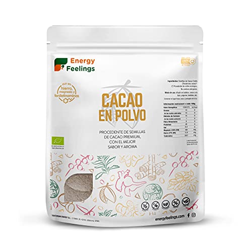 Energy Feelings Cacao Puro En Polvo Ecológico | Cacao Sin Azúcar | Cacao Orgánico Natural | Vegano | Sin Gluten | Sin Lactosa, 1000 Gramo
