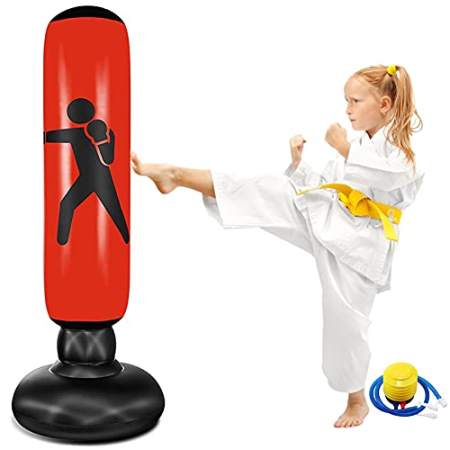 EQARD Saco de Boxeo Hinchable de Niños 62" Bolsa de Boxeo Independiente para Rebote Inmediato Sacos de Boxeo para Practicar Kárate Taekwondo MMA (Rojo)