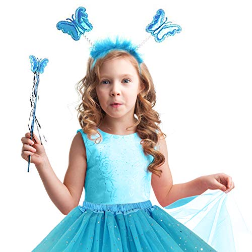 EQLEF Alas Hada Disfraz, Tutu and Wings Diadema Set Butterfly Wings Disfraz de Princesa de Hadas para niñas Disfraz de Fiesta Azul - Set de 4 (Azul)