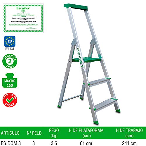 Escalera Plegable de Uso Doméstico de 3 Peldaños | 130x40x12 cm | Utilizada en Trabajos de Bricolaje | Taco Antideslizante | Máxima seguridad y Confort | Escalibur
