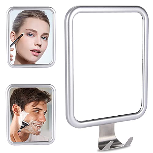 Espejo de afeitar sin niebla, 4 ventosas, espejo de ducha sin niebla, con 1 soporte para maquinilla de afeitar, marco de aluminio, espejo de ducha anti niebla para baño (7.9 x 6.3 pulgadas)