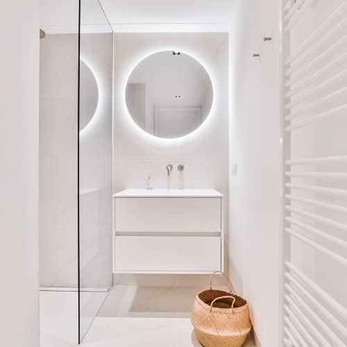 Espejo Redondo baño Modelo Palma (60 cm Redondo) con luz LED integrada de 28w. Luz Decorativa cálida (4000 K). Espejo diseño, Ideal para baño o Cualquier Otra Estancia.